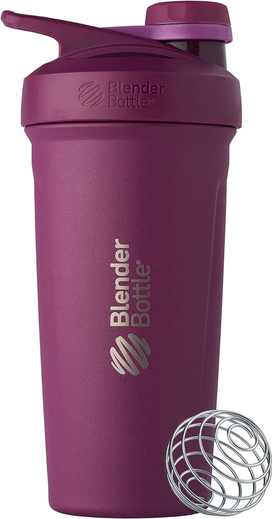 BlenderBottle Strada Twist Cap Shaker Cup Insulated Stainless Steel Water Bottle with Wire Whisk, 24-Ounce, Plum