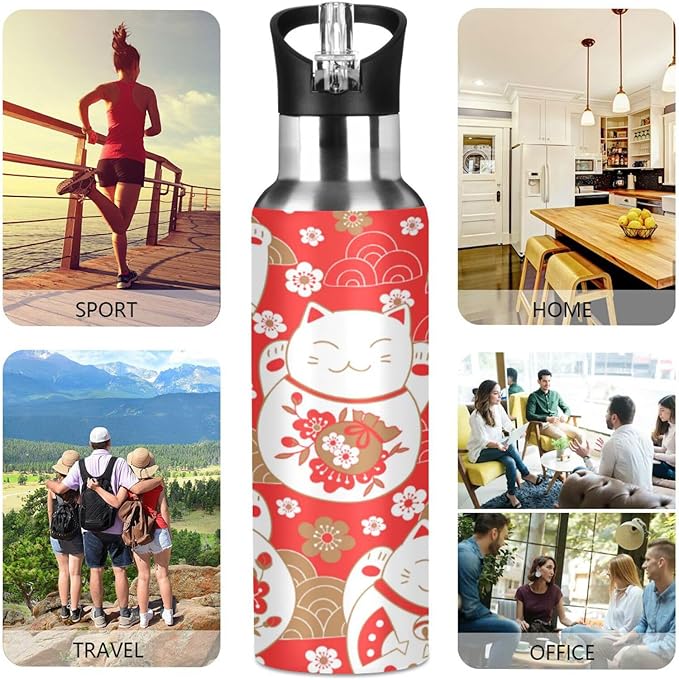 ALAZA Lucky Cat Maneki Neko Red Water Bottle With Straw Lids Boys Girls,Vacuum Insulated Leakproof Stainless-Steel Sports Bottle Thermal Flask For Gym Yoga Camping,20Oz (600Ml)