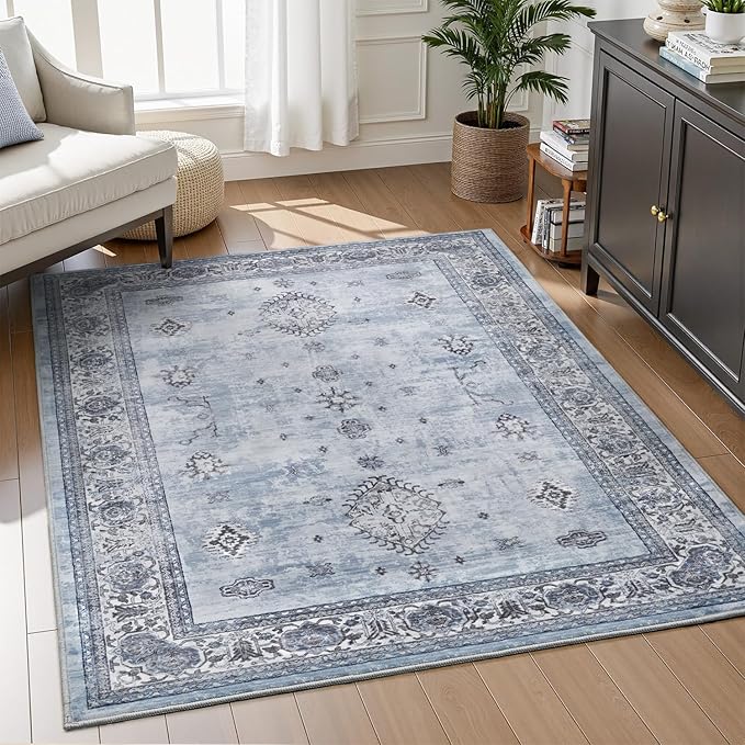 AMOAMI-Vintage Area Rug 4x6 Blue Rugs for Living Room-Soft Living Room Rug Non Slip Rugs for Bedroom Carpet Machine Washable Rug for Dining Room Bedside Office Room Decor