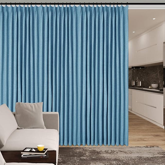 70" W x 108" L Faux Linen Room Divider Curtains, Full Blackout Pinch Pleated Drapes for Traverse Rod, Bedroom Divider Privacy Drapery with Hooks for Ceiling Track, 1 Panel, Blue