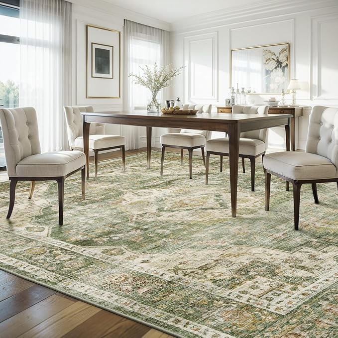 AMOAMI-Area Rug 5X7 Rugs for Living Room-Vintage Soft Green Rugs for Bedroom-Non Slip Carpet-Machine Washable Rug for Dining Room Living Room Bedroom Office Under Table
