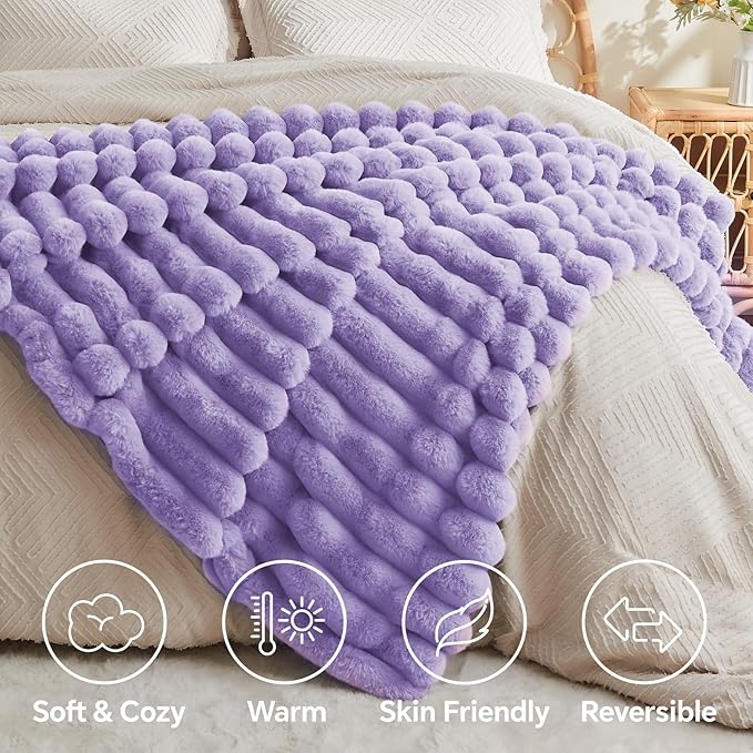 BEDELITE Faux Fur Throw Blanket for Couch, Soft and Cozy Luxurious 3D Striped Fluffy Blanket, 770GSM Thick Warm Plush Fuzzy Faux Rabbit Fur Blanket for Women Gift (Lavender, 50"x 60")