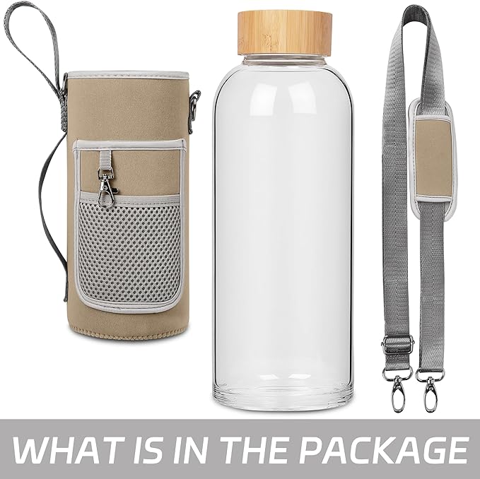 48 oz Sports Borosilicate Glass Water Bottle with Bamboo Lid with Neoprene Sleeve