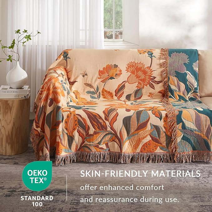 Boho Throw Blanket for Couch Sofa Bed, 100% Cotton Woven Quilt with Tassel 60”x80”, Super Soft Muslin Blanket with Floral Printed, Decorative Reversible Bed Blanket/Cover for All Seasons