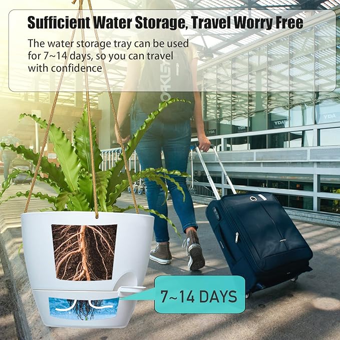 10 Inch Self Watering Hanging Pots, 2 Pack Hanging Planters with 40oZ Deep Reservior for Indoor Outdoor Plants Flowers, White