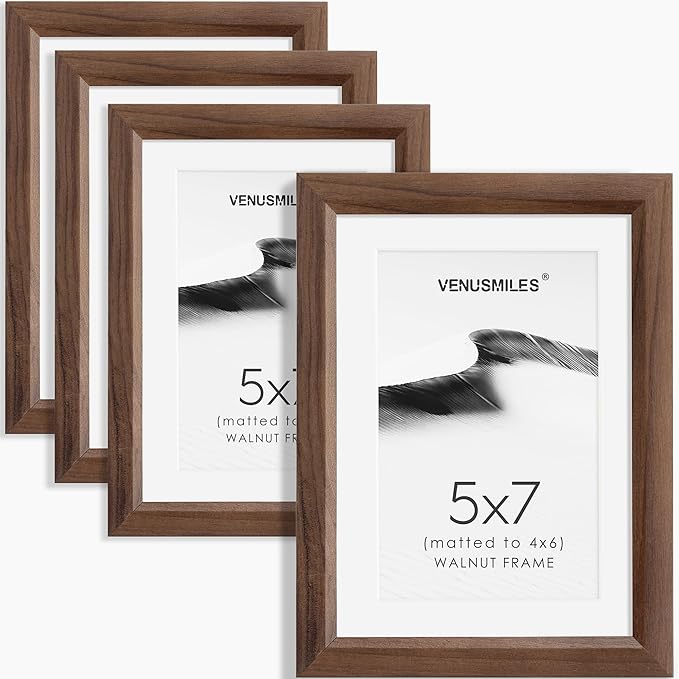5x7 Picture Frame Set of 4 Natural Solid Walnut Photo Frames with 4x6 Removable Mat Wall Hanging Large Handcrafted Frame with HD Plexiglass Wall and Tabletop Display Large Poster Frame