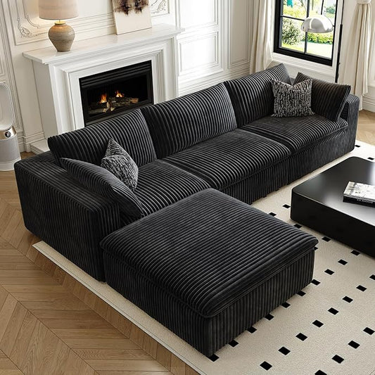 118" Cloud Couch Modular Sectional Sofa for Living Room,Modern Sofa with Deep Seat，L-Shape Boneless Couch with Ottoman,Comfy Upholstered Corduroy Couches for Apartment, Studio, Office,Bedroom，Black