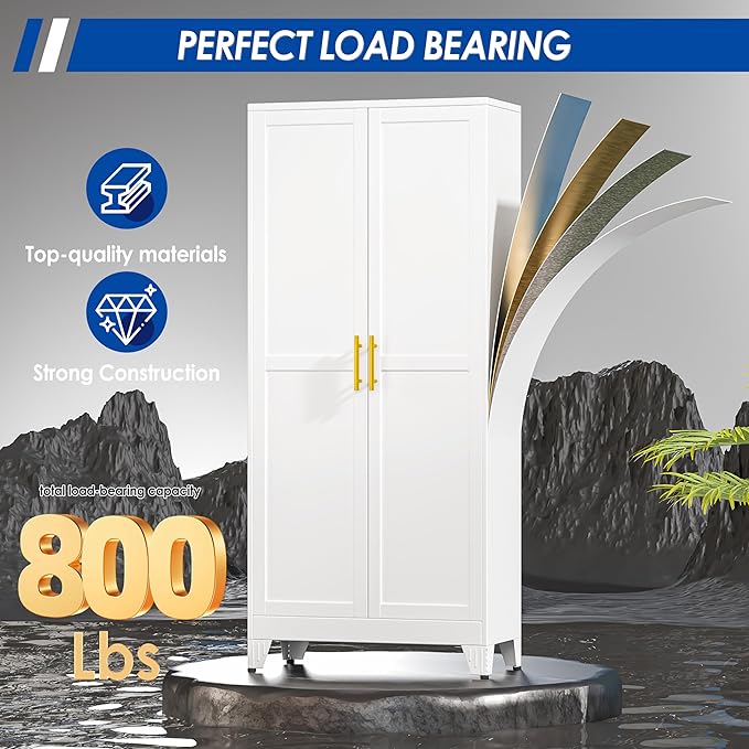 71" Tall Metal Storage Cabinet with 2 Doors and 4 Adjustable Shelves, Kitchen Pantry Cabinet White Freestanding Cupboard, 5 Tier Multifunctional Steel Storage for Office, Kitchen, Dining Room