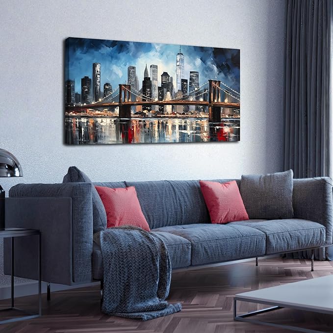 Brooklyn Bridge Wall Decor for Living Room City Canvas Wall Art for Office Blue and Black Bedroom Wall Art 24 x 48 Inch