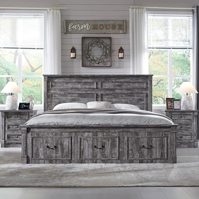 26" Tall Farmhouse Nightstand Set of 2, 3 Drawers End Table w/Charging Station, 23.6" Wide Large Side Table w/Roman Column, Wood Rustic Sofa Table for Bedroom, Light Gray