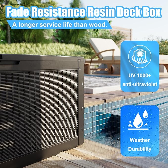 100 Gallon Outdoor Storage Box,Large Waterproof Resin Deck Box,Lockable Storage Container with Reinforced Support for Patio Cushions,Garden Tools,UV-Resistant（Black Rattan）