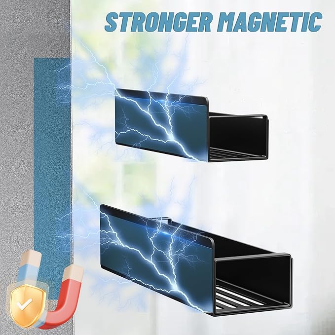 6 Pack Magnetic Spice Rack for Refrigerator, Black Magnetic Shelf for Kitchen Organizer and Storage, Mini Organizers for Oven and Fridge with 6 Hooks