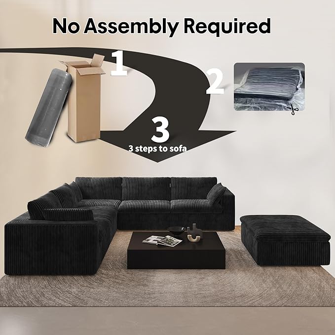 118" 6-Seater Cloud Sofa,Modular Sectional Couch with Ottoman,Modern Deep Seat Upholstered Couches with Corduroy Fabric for Living Room Furniture,Bedroom and Apartment,No Assembly Required,Black
