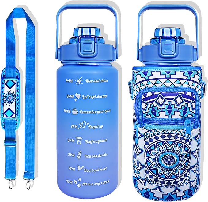 64 oz Water Bottle with Straw Sleeve & Strap Motivational Half Gallon Water Jug with Handle for Gym Women Men Aesthetic Water Bottle with Strap Datura