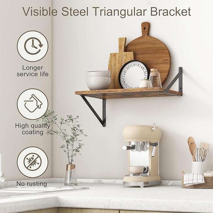 18"W x12"D Floating Shelves, Farmhouse Wall Shelves Home Decor Shelf, Deep Bathroom Shelf with Bracket, 12 Inch Deep Wall Shelves for Living Room, Kitchen, Bedroom, Rustic Brown, Set of 2