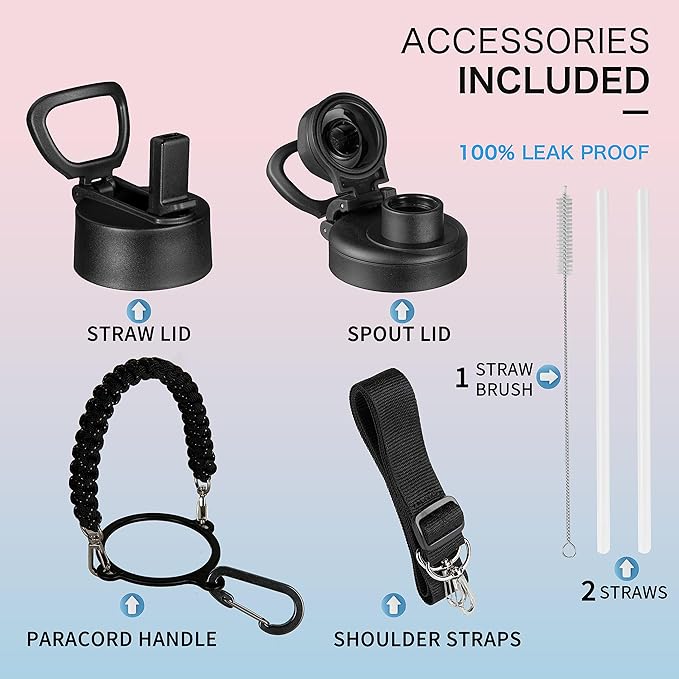 32oz Insulated Water Bottle with Paracord Handles & Strap, 2 Lids(Straw Lid&Spout Lid), Stainless Steel Reusable Wide Mouth Metal Water Bottle With Straw, Double Walled, Thermo Mug（Black Leoqard)