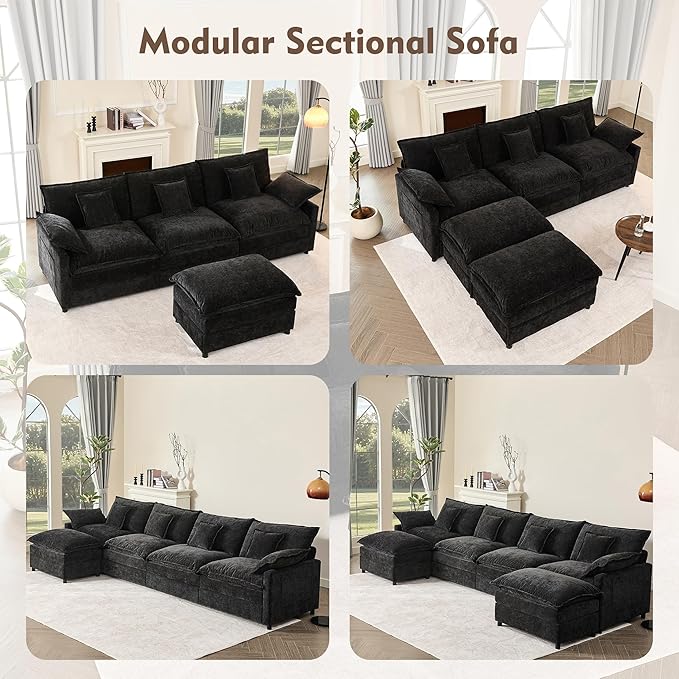 142.5" U Shaped Couch, Modular Sectional Sofa, 3-Seater Comfy Cloud Couch with Movable Ottoman, Deep Seat Couches for Living Room, Chenille, Black