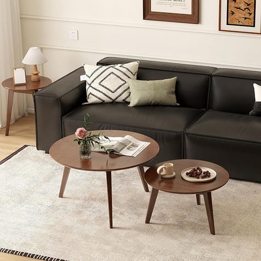 100% Solid Oak Wood Coffee Table Set, Round Coffee Table Combo Side Table w/Solid Wood Legs, Mid Century Table Sturdy Tables for Bedroom Balcony Living Room (Walnut, 3 Pieces)