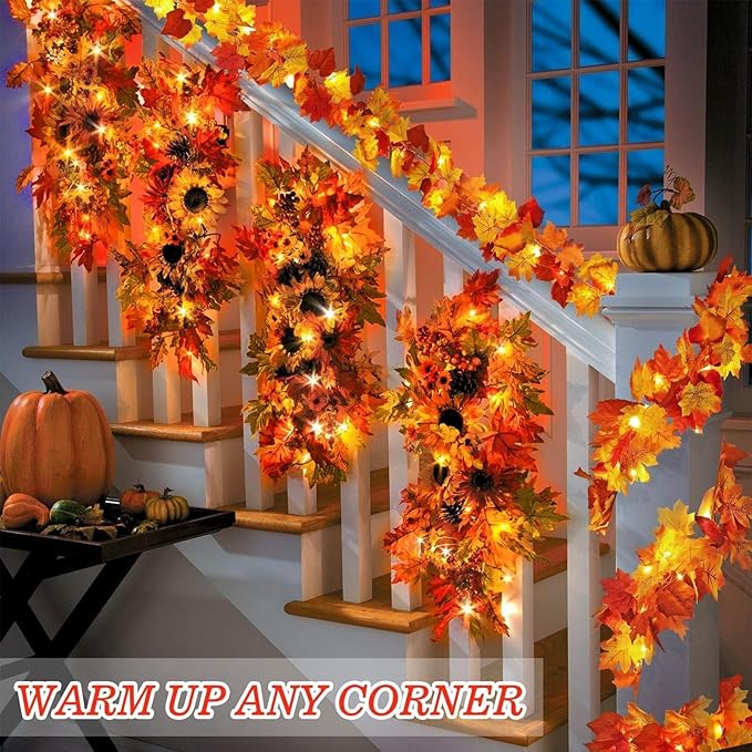 2 Pack Fall Decor Maple Leaves Garland with Lights Battery Operated Fall Thanksgiving Decorations Garland for Home Porch Front Door Table Mantle Outdoor Autumn Harvest Halloween Decor, 11.8Ft 40LED