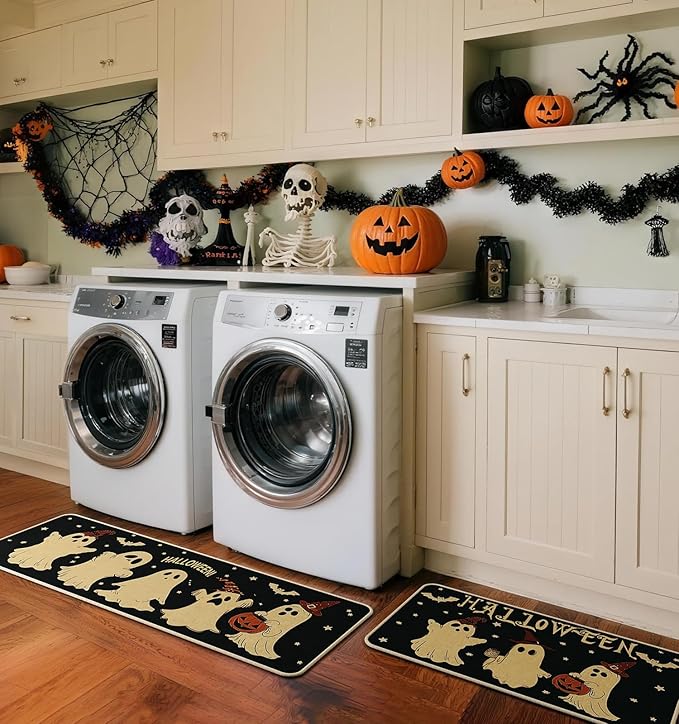 Halloween Kitchen Mat Set of 2, Pumpkin Ghost Bat Halloween Kitchen Decor, Halloween Rug for Floor, Indoor Spooky Home Decor with Non-Slip Backing,17 x 29 Inch & 17 x 47 Inch