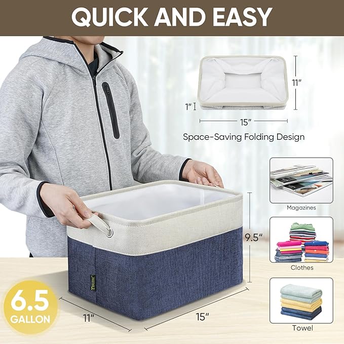 BALEINE 3 Pack Fabric Storage Bins for Shelves, Linen Storage Baskets for Organizing, Decorative Closet Bins for Clothes, Home (Navy Blue, 15"x11"x9.5")