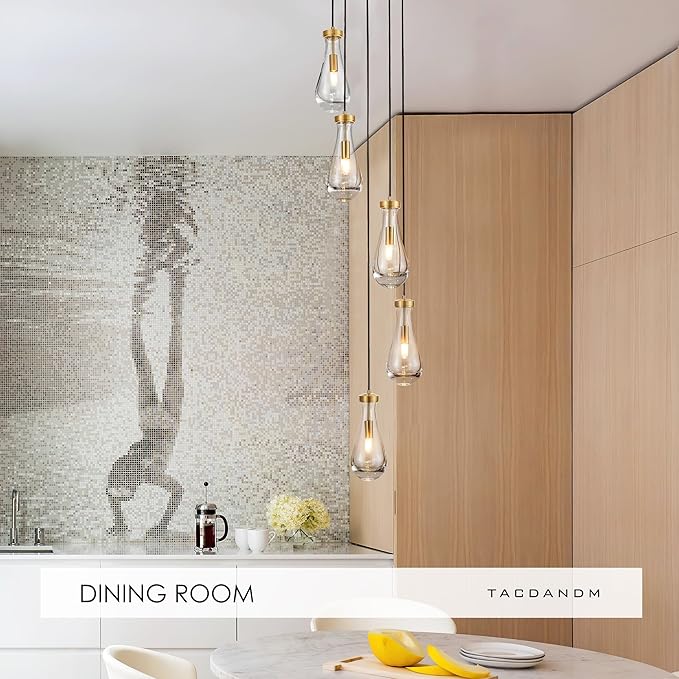 5-Light Raindrop Pendant Light Fixtures, Brass Glass Pendant Lighting, Teardrops Modern Hanging Light for Entryway Foyer Kitchen Island Dining Living Room Hallway