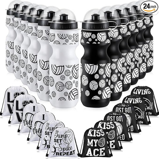 24 Pcs 24 oz Volleyball Water Bottle Bulk and Drawstring Bag Set 12 Reusable Plastic Biking Water Bottle Tumbler 12 Sport Gym Goodie Gift Bag for Party Favor (Black)