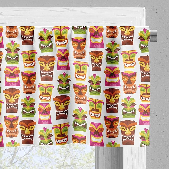 Ambesonne Tiki Bar Valance & Tier Curtain 3 pcs Set, Sixties Retro Inspired Hawaiian Party Happy Tiki Pattern Colorful, Window Treatments for Kitchen Room Decor, 55" x 24", White Brown