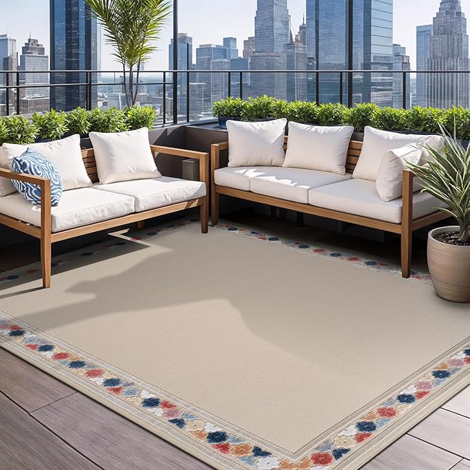 Beverly Rug Outdoor Rug 4x6 Modern Bordered Area Rugs for Indoor and Outdoor Patio Easy to Clean Non Shedding Living Room Porch Garden Washable Outside Carpet (4 x 6 Beige)