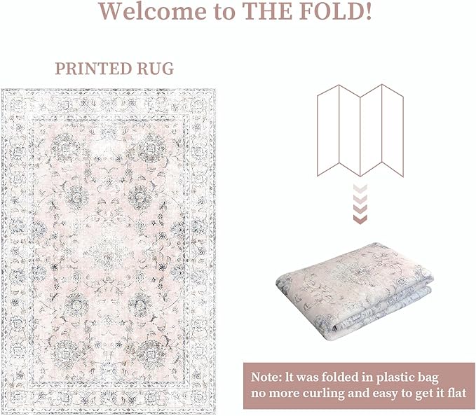 3'x5' Vintage Floral Rug - Persian Inspired Low-Pile Faux Wool Area Rug, Non-Slip Washable Small Rug for Bedroom, Nursery, Dorm, Soft Pink Boho Chic Decor