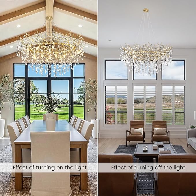 14-Light Modern Large Crystal Chandelier for Dining Room, 48" Round Gold Crystal Tree Branche Chandelier, Living Room Crystal Chandelier, Crystal Chandeliers for High Ceiling,Entryway,Foyer