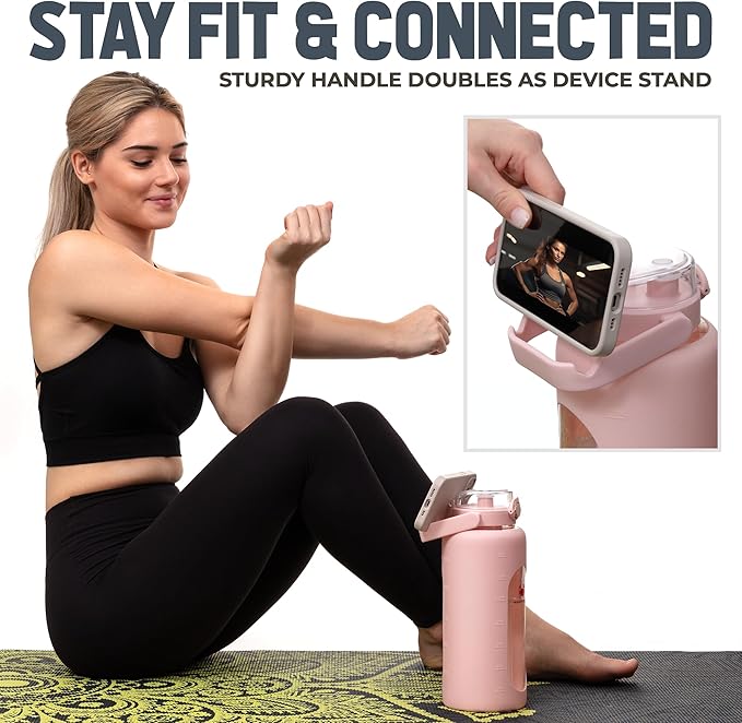 64oz Glass Water Bottle | Pink Water Bottle with Straw & Time Marker | Half Gallon Water Bottle with Measurements & Silicone Sleeve | Suitable for Travel, Gym, Sports & Daily Intake