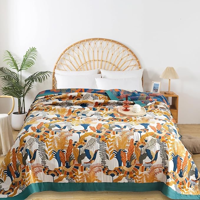 Boho Throw Blanket for Bed - 100% Pure Cotton Ultra Soft Rustic Quilt - Farmhouse Decor Bed Blankets, All Season Rustic Throw for Sofa Couch Chair(60"×80", Floral Bird)