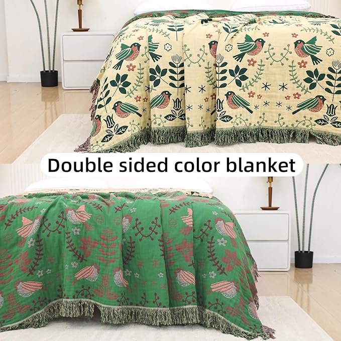 Boho Throw Blanket for Bed, 100% Pure Cotton Ultra Soft Rustic Quilt, Farmhouse Decor Bed Blankets, All Season Rustic Throw for Sofa Couch Chair(60"×80", Bird B)