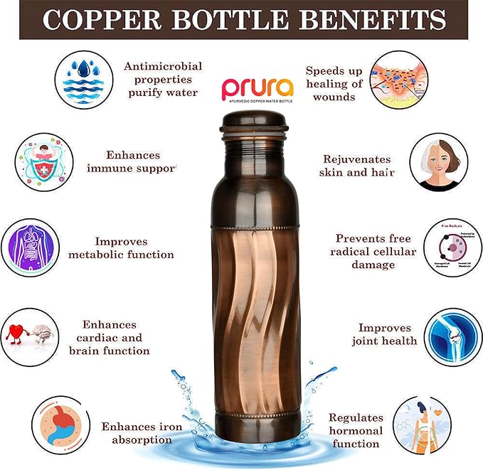 Black Wave Copper Water Bottle - Pure Copper Vessel for Drinking - Drink More Water, Lower Your Sugar Intake And Enjoy the Benefits Immediately (Design 39)