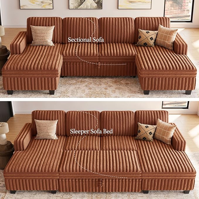 Belffin Modular Sectional Sleeper Sofa with Pull Out Couch Bed Corduroy Double Chaise with Storage Brick Red Couch