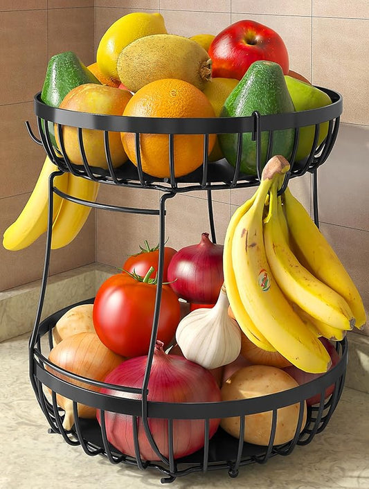 2 Tier Fruit Basket for Kitchen Counter with 2 Banana Hangers, 2025 Pro Detachable Metal Fruit Bowl with Wooden Handle,Fruit Holder for Bread Snack Veggies, Black Extra Large