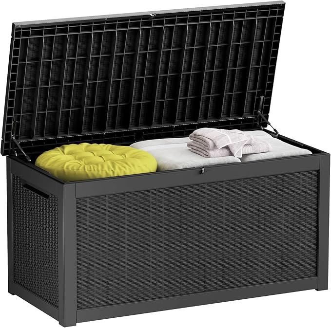 260 Gallon Deck Box XXL Large Outdoor Storage for Patio Furniture,Outdoor Cushions,Garden Tools and Pool Supplies,Waterproof,Resin,Lockable(Black Rattan)