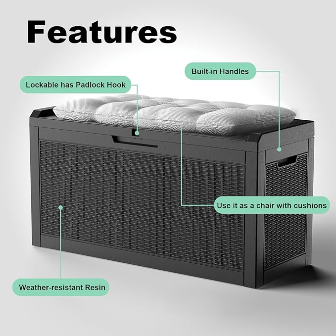 60 Gallon Deck Box Large Outdoor Storage for Patio Furniture,Outdoor Cushions,Garden Tools and Pool Supplies,Waterproof,Resin,Lockable(Black)