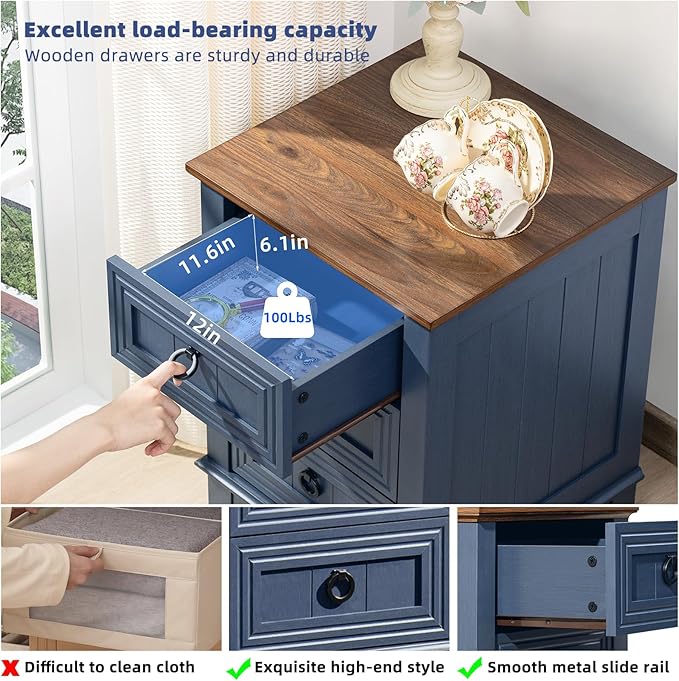 18" Farmhouse Night Stand with 3 Drawers, Wood End Table Dresser for Bedroom, Navy Blue Nightstand, Bed Side Table with Metal Handle, Bedside Cabinet for Bedroom Living Room, Closet
