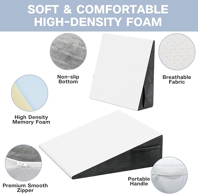 Bed Wedge Pillow for Sleeping, 7.5" Triangle Pillow Wedge for Post Surgery, Memory Foam Wedge Pillows for Seniors/Adults, Sleeping Wedge for Back Pain Relief, Heartburn, Acid Reflux