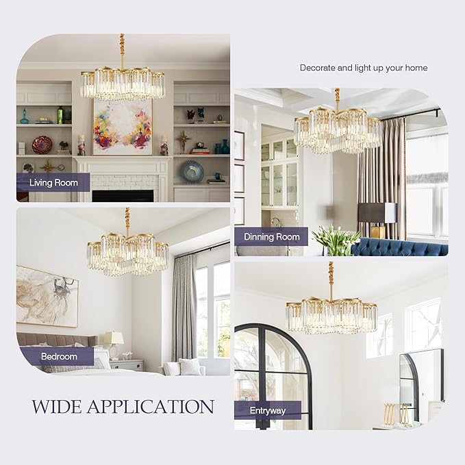 24.4“ Gold Semi Flush Mount Ceiling Light Fixtures, 6-Light Gold Modern Crystal Chandelier Height Adjustable Pendant Lighting for Bedroom Entryway Hallway Kitchen Island Living Room Foyer