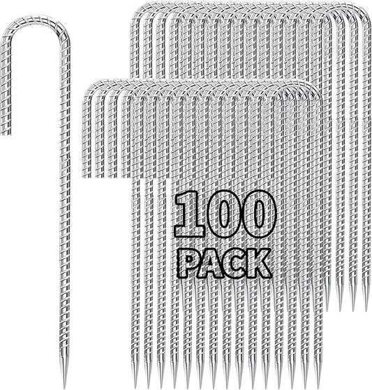 12 inch Stakes Heavy Duty 100-Pack J Hook Metal Fence Stake for Dogs Digging Tent and Outdoor Decorations Inflatables Rebar Metal Spikes for Ground