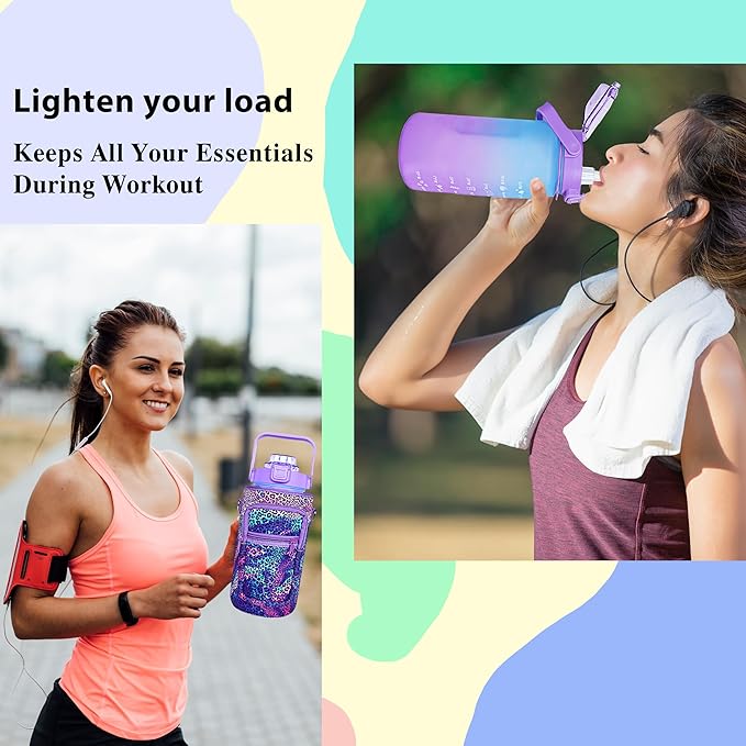 64 oz Water Bottle with Straw Sleeve & Strap Motivational Half Gallon Water Jug with Handle for Gym Women Men Aesthetic Water Bottle with Strap Leopard