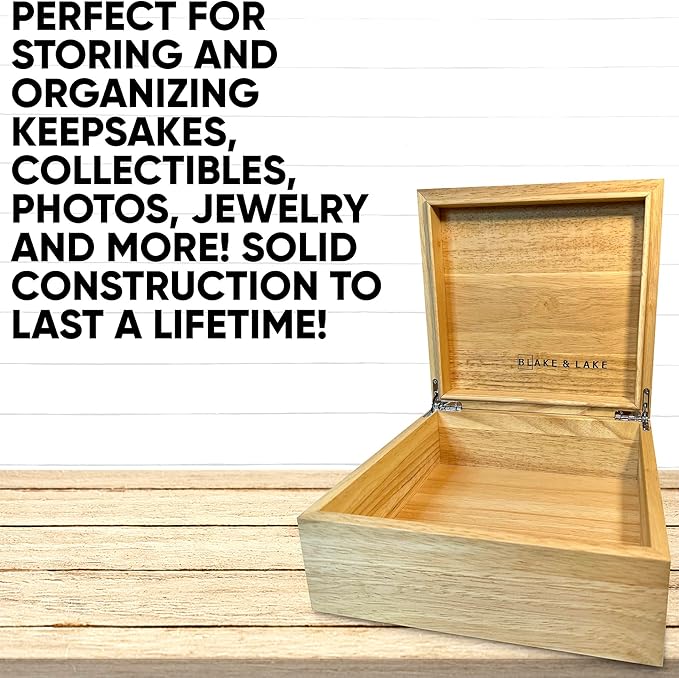 Blake & Lake Wooden Eco Box with Hinged Lid - Solid Oak Wood Storage Box with Lid - Wooden Keepsake Box - Decorative wooden boxes with lids for Keepsakes (Oak)