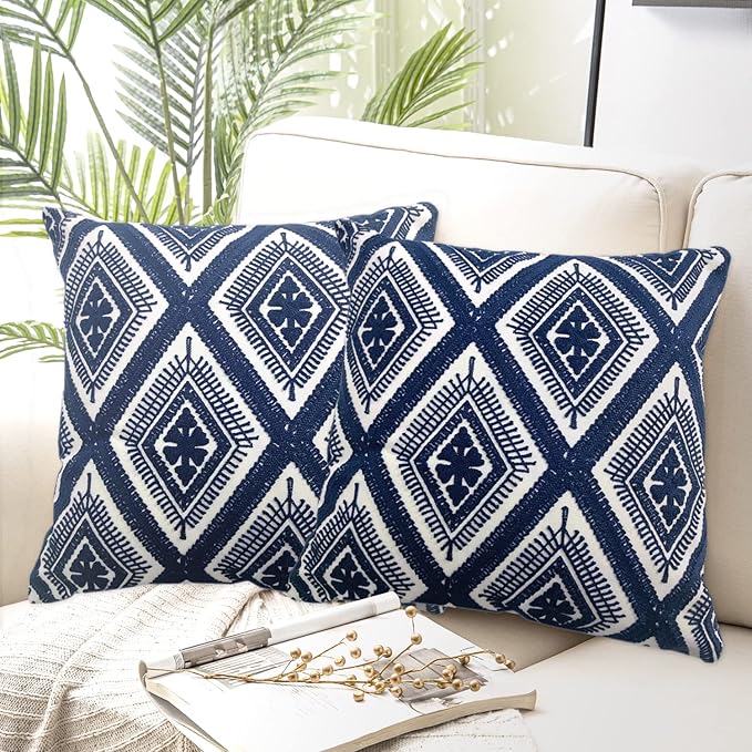 Alysheer Embroidered Decorative Throw Pillow Covers 18x18 inches Set of 2 Pieces, Boho Geometric Modern Chic Classic Pattern Cotton Cushion Cases for Sofa Couch Bed Living Room(Navy Blue)