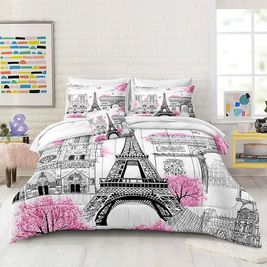 Bedbay Girls Teen Queen Bedding Set Paris Eiffel Tower Comforter Set 4 Pcs Pink Flowers Duvet Set Romantic French Style Quilt Bedding Set Lightweight Down Alternative Comforter(Paris,Queen)