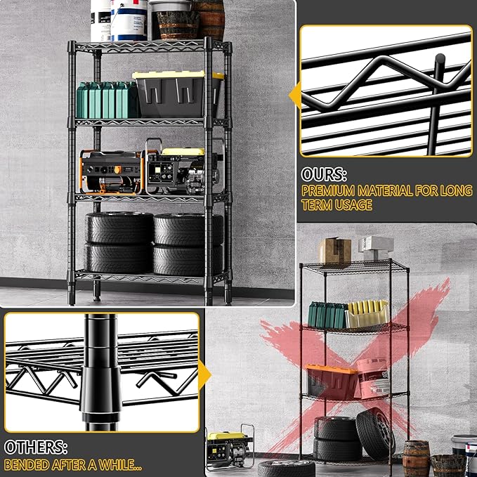 1000 lbs 4 Tier Shelf Metal Storage Shelves Wire Rack Closet Organizers for Garage Kitchen Bathroom Laundry Black 11.8" D x 25.6" W x 45.5" H