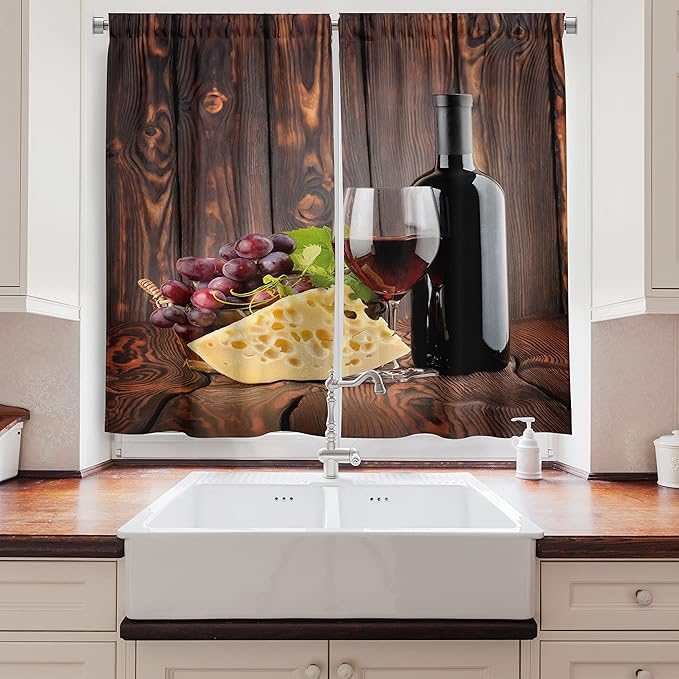 Ambesonne Wine Long Kitchen Curtains, Red Wine Cabernet Bottle and Glass Cheese and Grapes on Wood Planks Print, Two Panels Drapes with Rod Pocket Room Decor, 55" x 45", Burgundy Brown