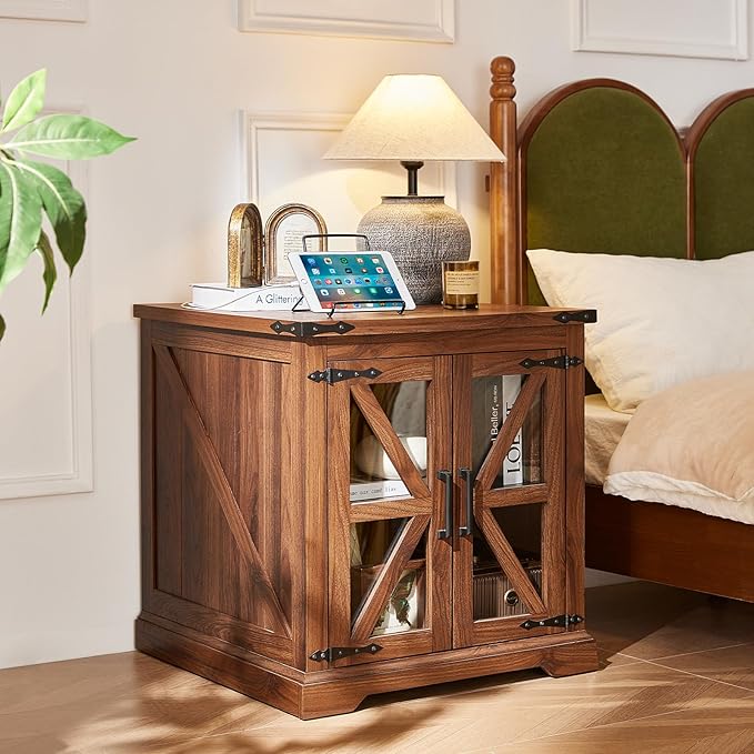 24" End Table with Charging Station, Farmhouse Night Stand with Glass Barn Door, Green Nightstands with Adjustable Storage Shelf, Large Wood Square Bed Side Table for Living Room, Bedroom